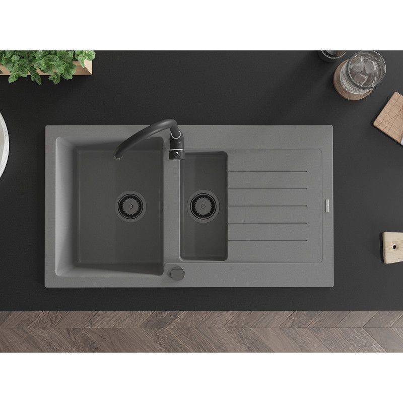Mexen Matias granitvask 1,5-kammer med afløbsplade og Telma køkkenarmatur i grå, 1 sæt