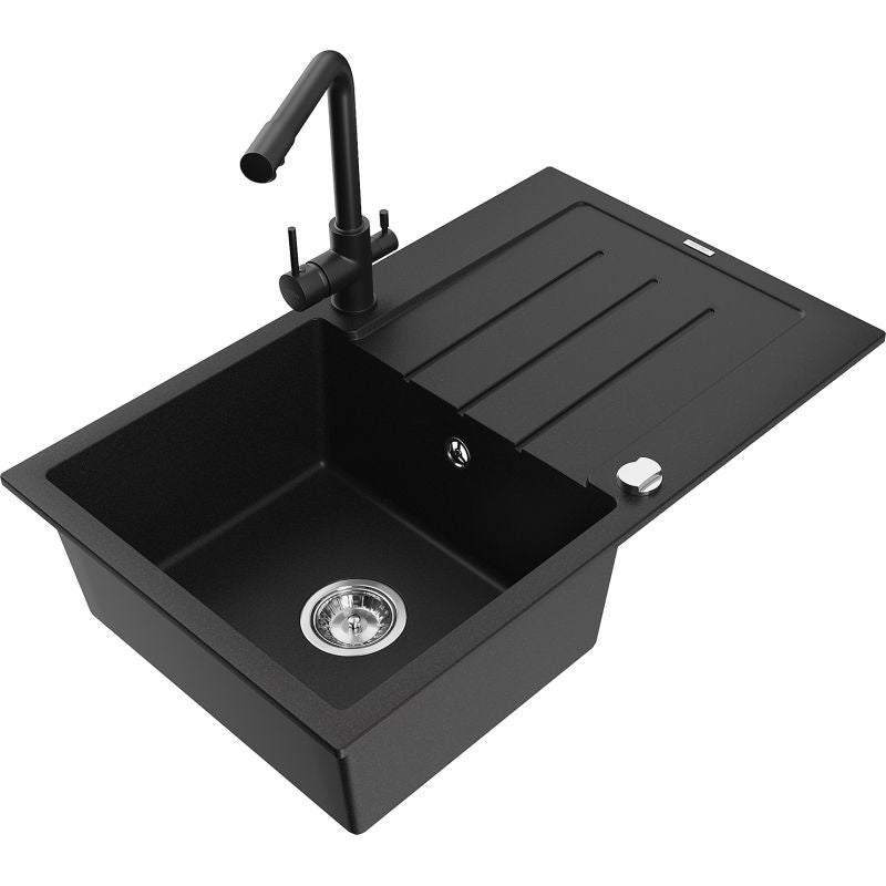 Mexen Bruno granitvask 1-kammer med afløbsplade og Duero køkkenarmatur i sort, komplet sæt