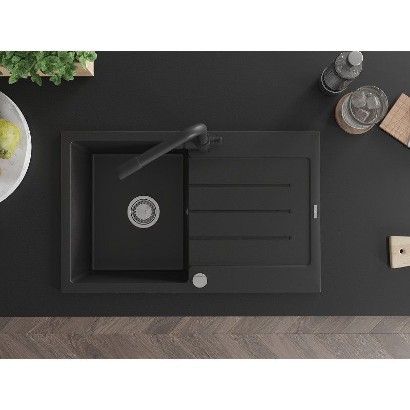 Mexen Bruno granitvask 1-kammer med afløbsplade og Duero køkkenarmatur i sort, komplet sæt