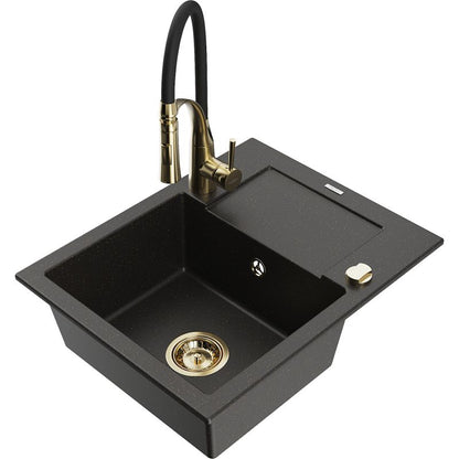 Granitsænke 1-kammer Mexen Enzo med afløbsplade og køkkenarmatur Aster sort/guldmetallic 1 sæt