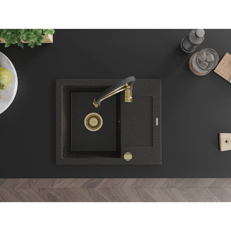 Granitsænke 1-kammer Mexen Enzo med afløbsplade og køkkenarmatur Aster sort/guldmetallic 1 sæt