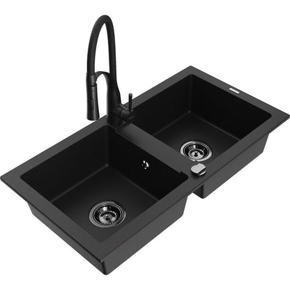 Mexen Mario granitvask med 2 kar og Aster køkkenarmatur i sort, 1 sæt