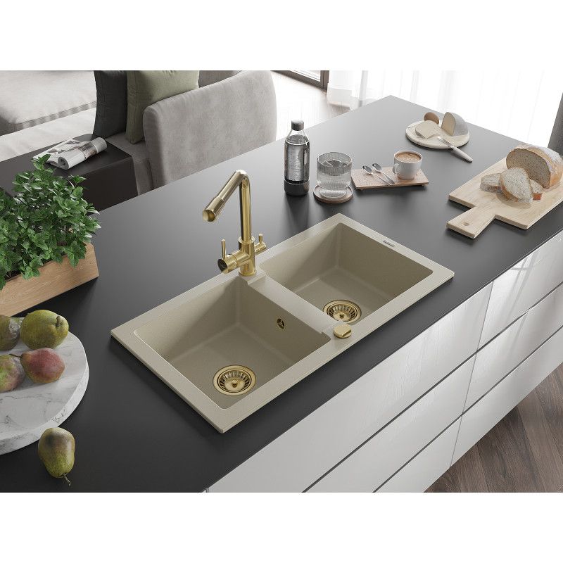 Granitsænke med 2 kar Mexen Mario med køkkenarmatur Duero i beige, 1 sæt
