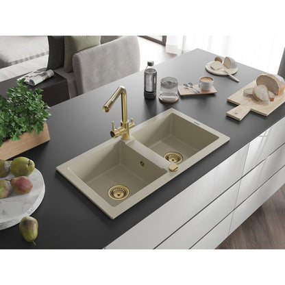 Granitsænke med 2 kar Mexen Mario med køkkenarmatur Duero i beige, 1 sæt
