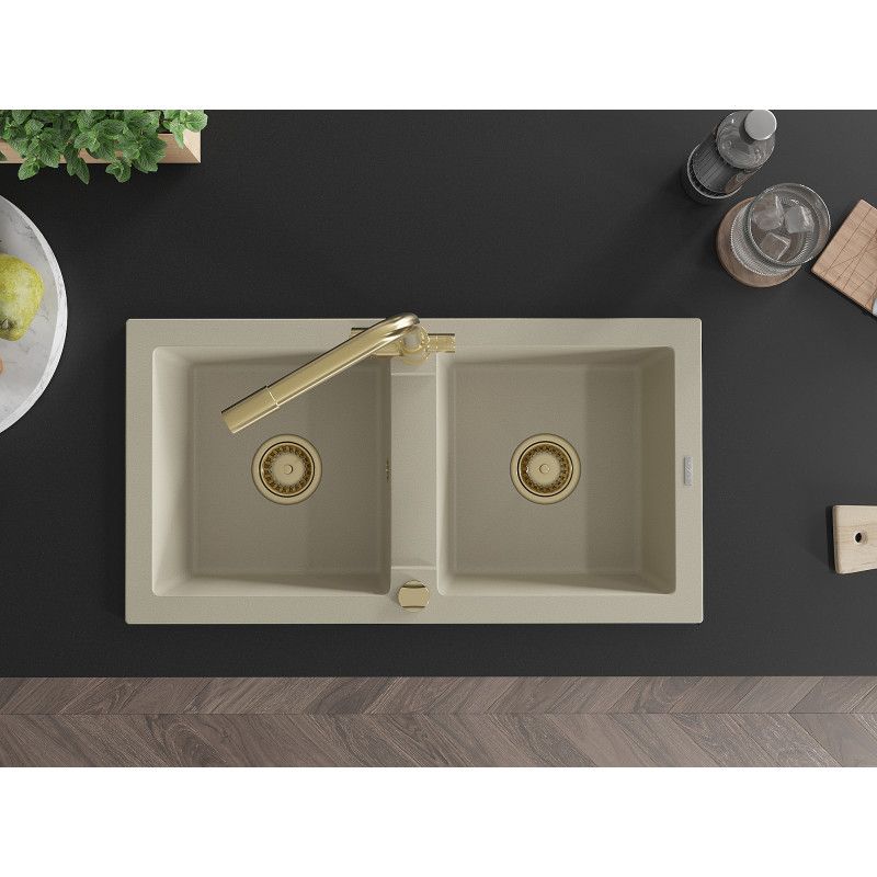 Granitsænke med 2 kar Mexen Mario med køkkenarmatur Duero i beige, 1 sæt