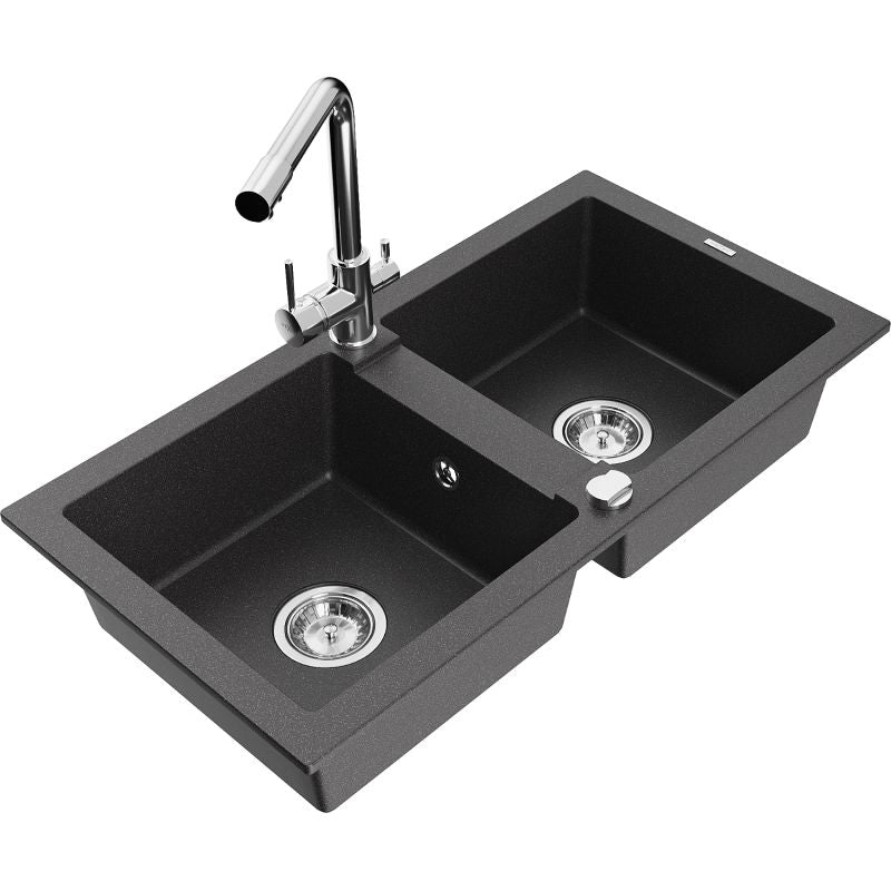 Granitsænke med 2 kamre Mexen Mario med køkkenarmatur Duero i sort med prikker, 1 sæt