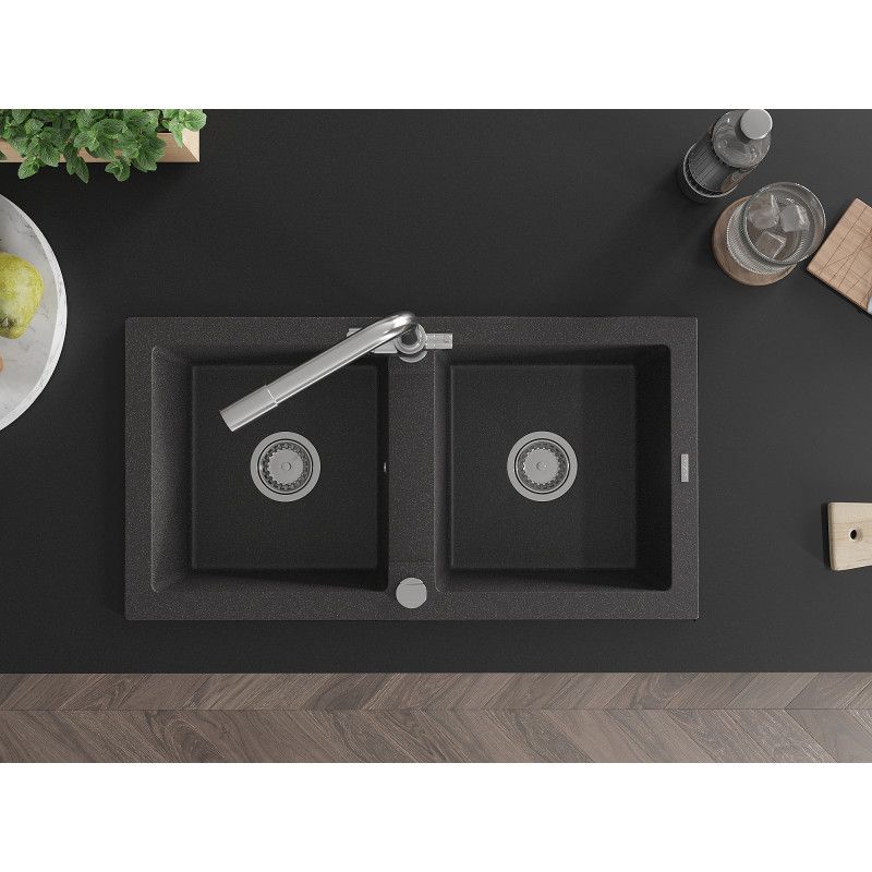 Granitsænke med 2 kamre Mexen Mario med køkkenarmatur Duero i sort med prikker, 1 sæt