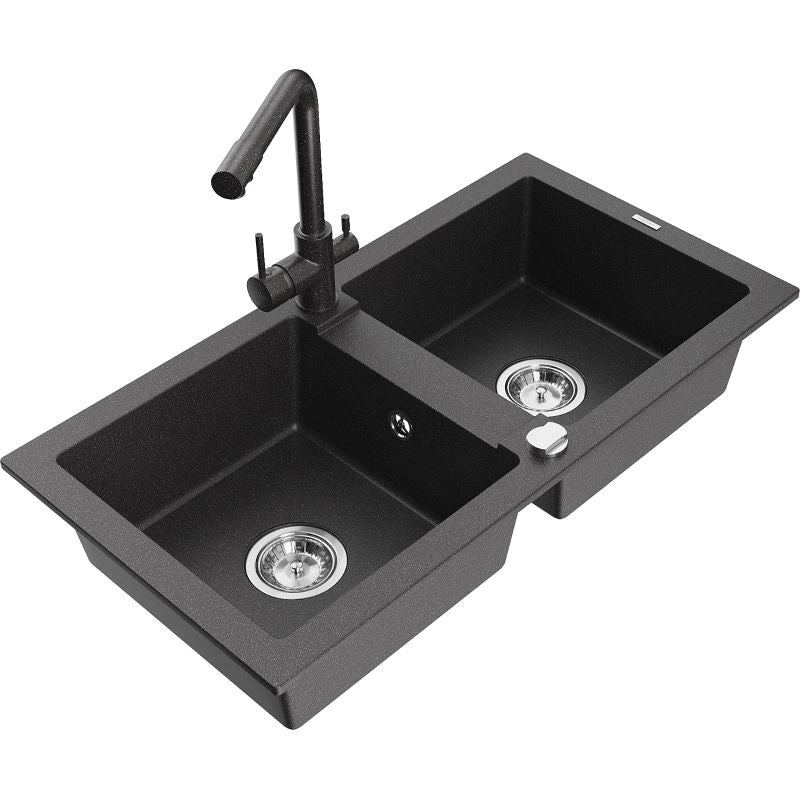 Granitsænke med 2 kamre Mexen Mario med køkkenarmatur Duero i sort med prikker, 1 sæt