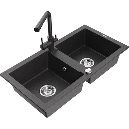 Granitsænke med 2 kamre Mexen Mario med køkkenarmatur Duero i sort med prikker, 1 sæt