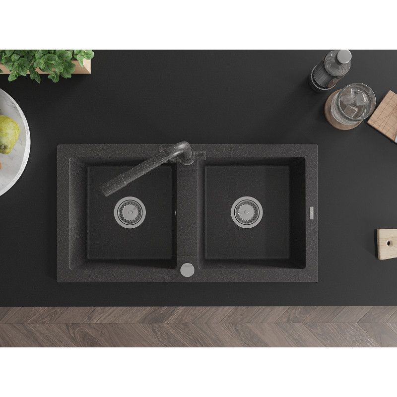 Granitsænke med 2 kamre Mexen Mario med køkkenarmatur Duero i sort med prikker, 1 sæt