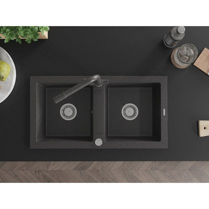 Granitsænke med 2 kamre Mexen Mario med køkkenarmatur Duero i sort med prikker, 1 sæt