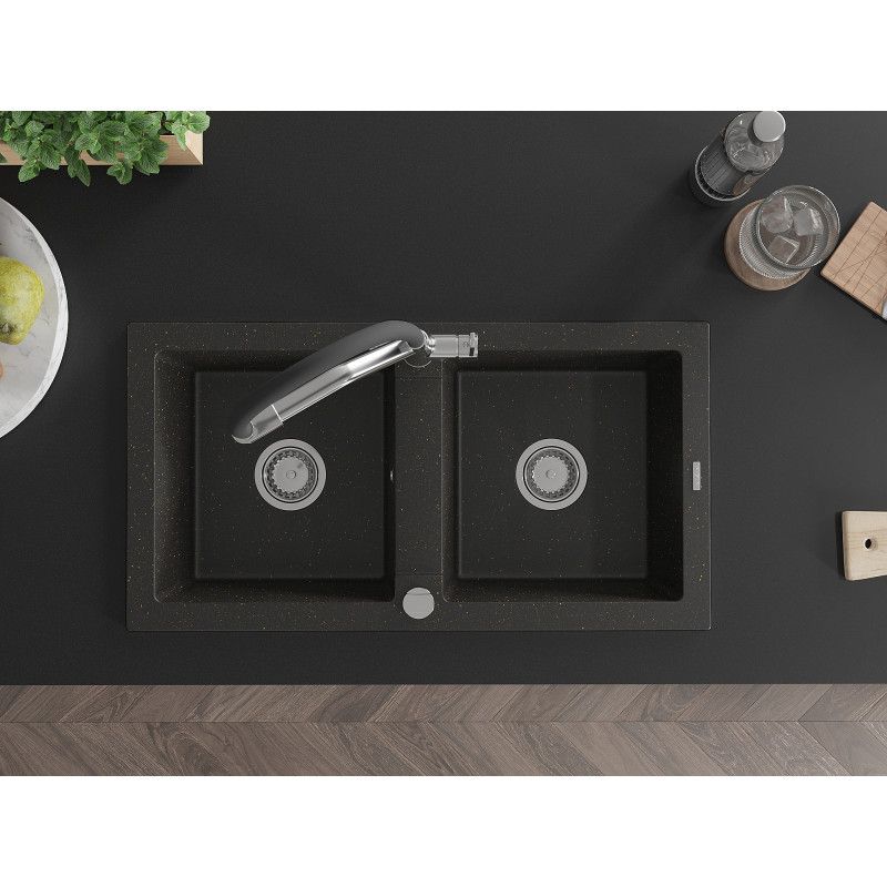 2-komorvask i granit Mexen Mario med Duo køkkenarmatur, sort/guldmetallic, 1 sæt