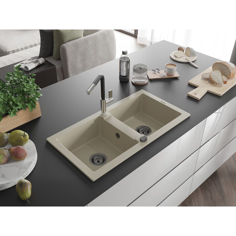 Granitsænke med 2 kar Mexen Mario med Flora køkkenarmatur i beige, 1 sæt