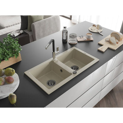 Granitsænke med 2 kar Mexen Mario med Flora køkkenarmatur i beige, 1 sæt