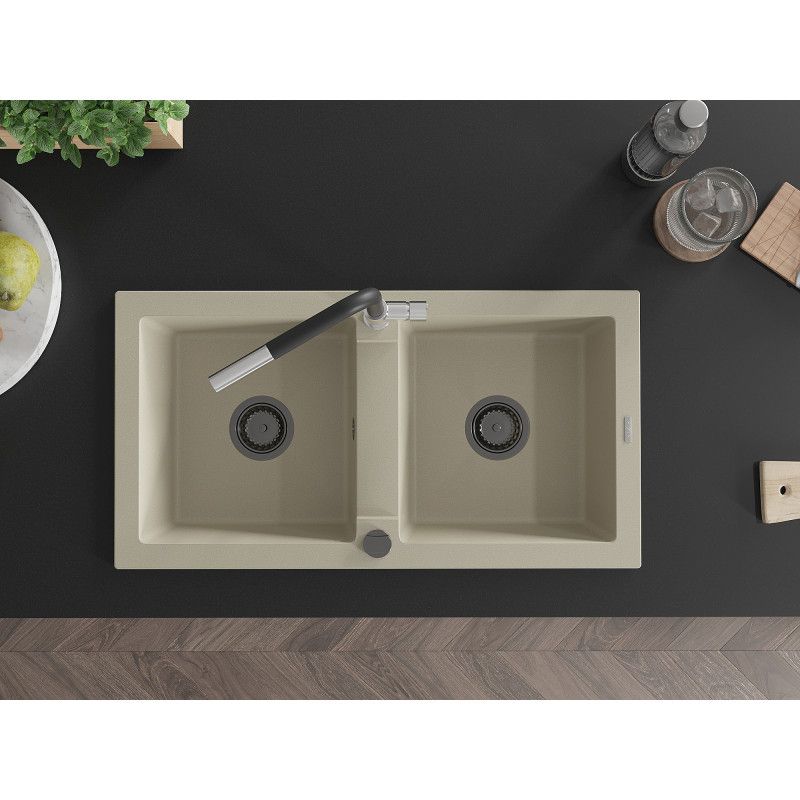 Granitsænke med 2 kar Mexen Mario med Flora køkkenarmatur i beige, 1 sæt