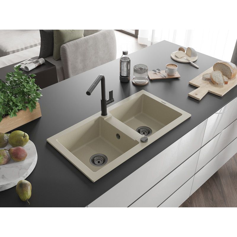 Granitsænke med 2 kar Mexen Mario med Flora køkkenarmatur i beige, 1 sæt