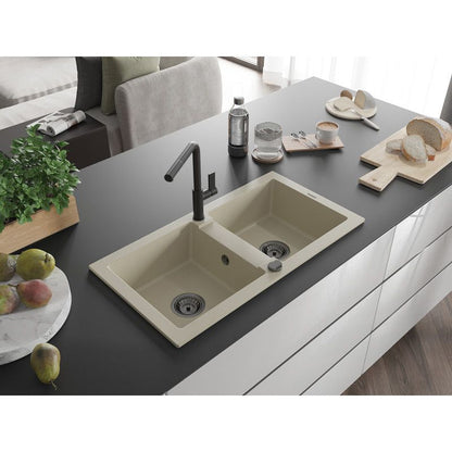 Granitsænke med 2 kar Mexen Mario med Flora køkkenarmatur i beige, 1 sæt