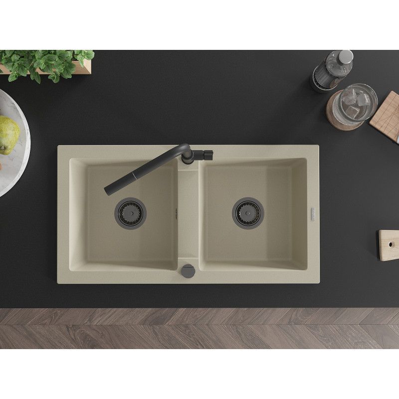Granitsænke med 2 kar Mexen Mario med Flora køkkenarmatur i beige, 1 sæt