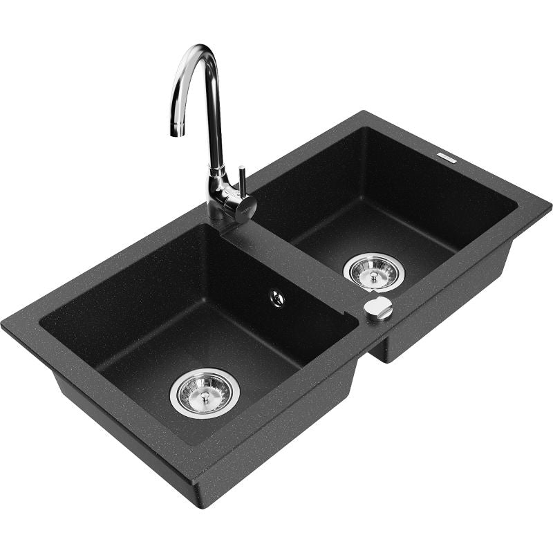 Granitsænke med 2 kar Mexen Mario med Telma køkkenarmatur sort/sølv 1 sæt