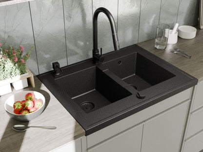 Granitsænke Brenor Grande Sort 80x60 cm 2 Rum Med Automatisk Sifon