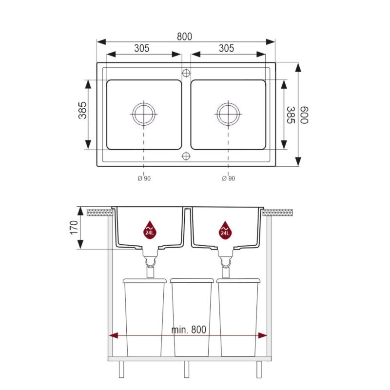 Granitsænke Brenor Grande Sort 80x60 cm 2 Rum Med Automatisk Sifon