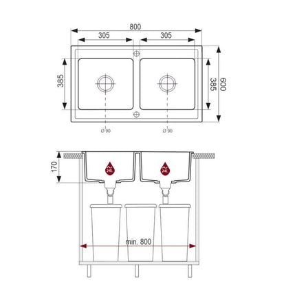 Granitsænke Brenor Grande Sort 80x60 cm 2 Rum Med Automatisk Sifon