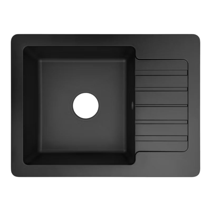 Burnell granitvask med kort afløbsrør og sort hane