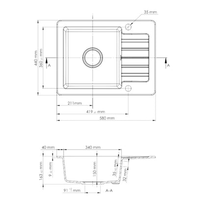 Burnell granitvask med kort afløbsrør og sort hane
