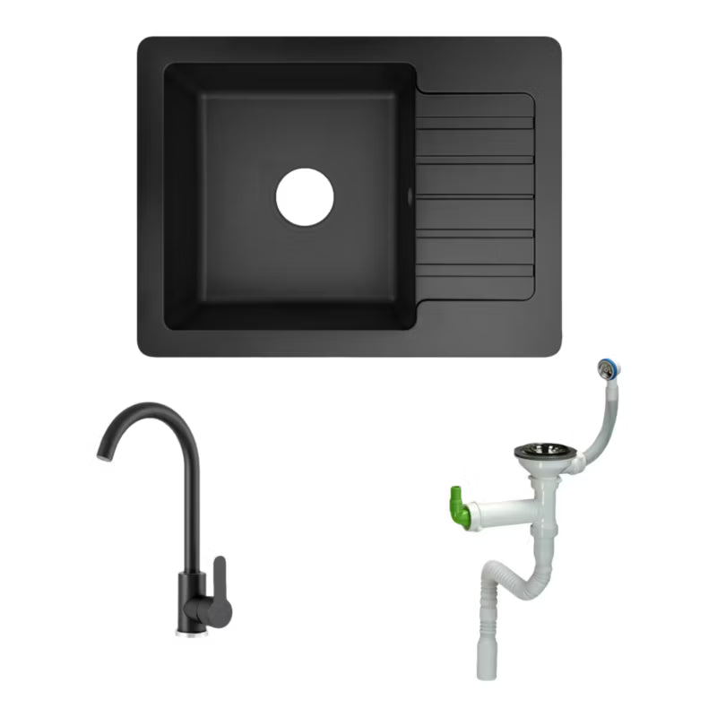 Burnell granitvask med kort afløbsrør og sort hane