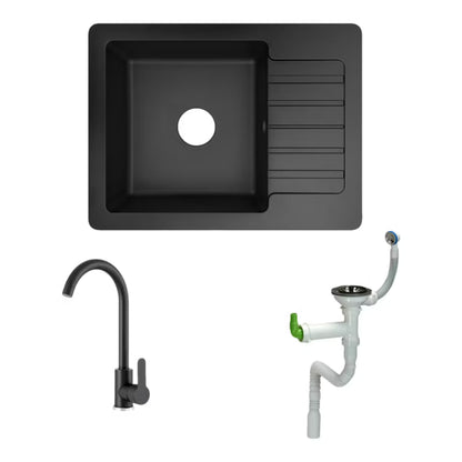 Burnell granitvask med kort afløbsrør og sort hane