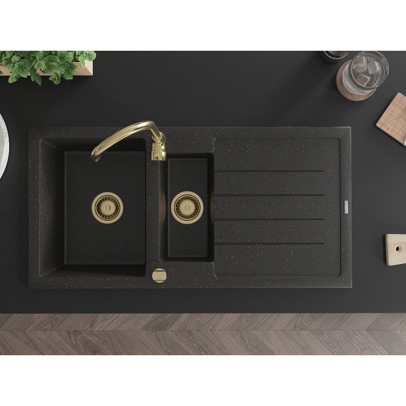 Granitsænke med afløbsplads 1,5-kamret Mexen 1000x500 mm Andres sort-guld 1 stk.