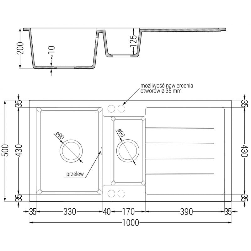 Granitsænke med afløbsplade, 1,5-kammer Mexen 1000x500 mm Andres sort-guld, 1 stk.