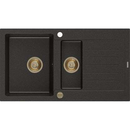 Granitsæbe med afløb, 1,5-kammer Mexen 900 x 505 Matias sort/guld 1 stk.