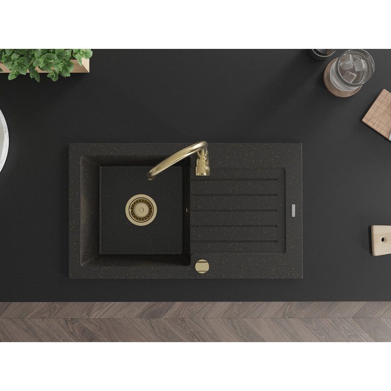 Granitsænke med 1 kumme og afløbsplads Mexen 752 x 436 mm Pablo sort/guld 1 stk.