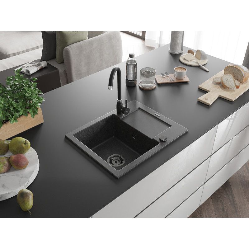 Mexen Enzo 1‑kammers granitvask med afløb 576 x 465 mm, sort, 1 stk.