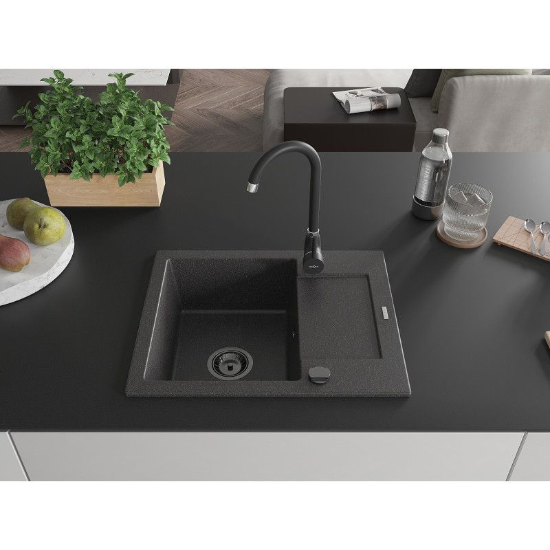 Mexen Enzo 1‑kammers granitvask med afløb 576 x 465 mm, sort, 1 stk.