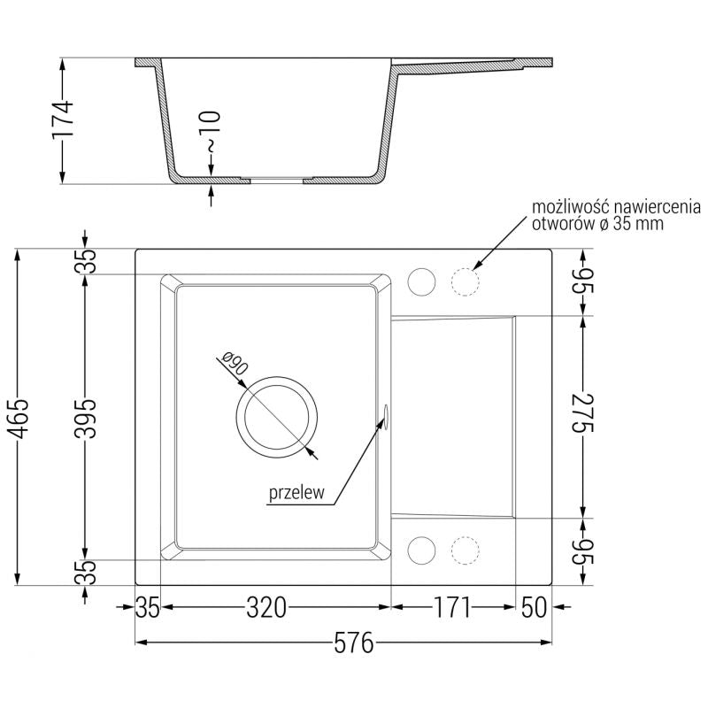 Mexen Enzo 1‑kammers granitvask med afløb 576 x 465 mm, sort, 1 stk.