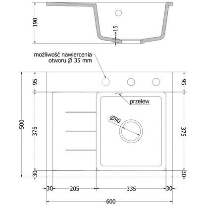 Mexen 1‑kammers granitvask med afløbsplade 600 x 500 mm Ben sort‑guld 1 stk.
