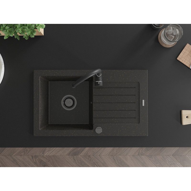 Granitsænke med 1 kumme og afløbsplads Mexen 752 x 436 Pablo Sort/Guld 1 stk.