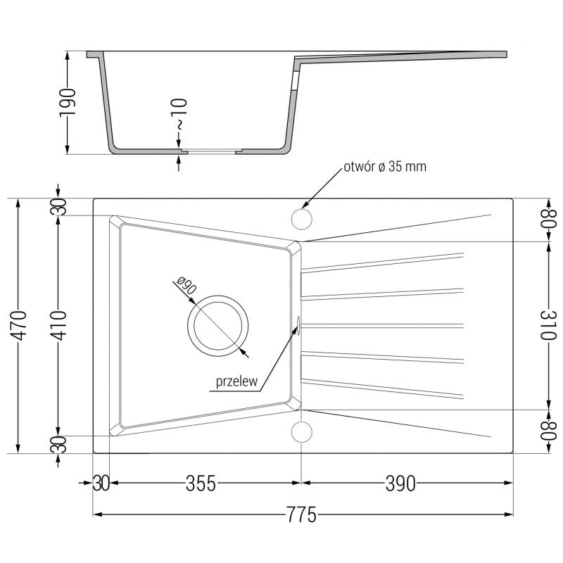 Mexen Cesar 1-kammers granitvask med afløbsplade 775 x 470 mm, hvid, 1 stk.