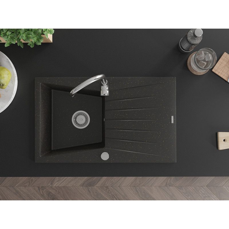 Granitvask med afløbsplade, 1-kammer, Mexen Cesar, 775 x 470 mm, sort-guld, 1 stk.