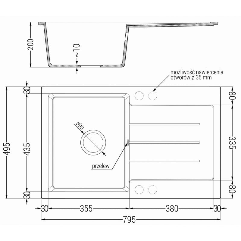 1‑kammers granitvask med afløb Mexen Bruno 795 x 495 mm, mat‑sort
