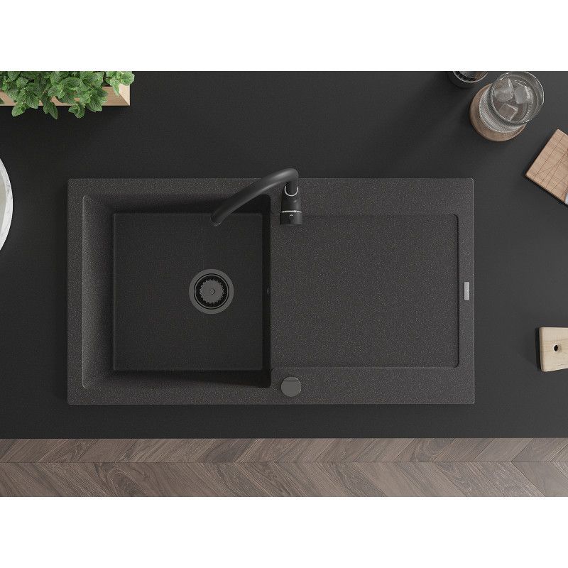 Mexen Leo 1-kammers granitvask med afløbsplade 900x500 mm, sort, 1 stk.