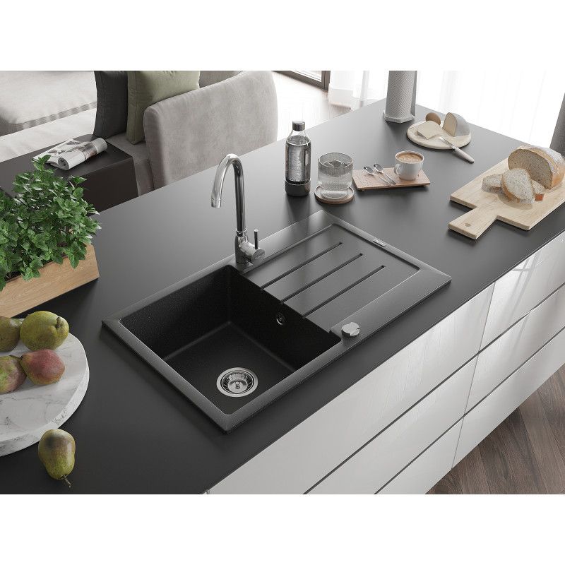 Mexen Bruno 1‑kammers granitvask med afløbsplade 795 x 495 mm, sort/sølv, 1 stk.