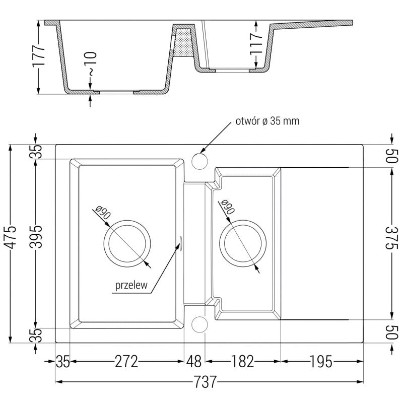 Granitsænke med afløbsplade Gaspar 737 x 475 mm Mexen Sort/Sølv 1 stk.