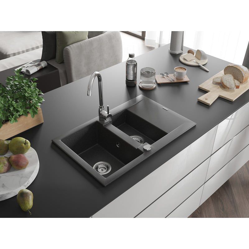 Granitvask med afløb Mexen Gaspar 1,5-kammer 737 x 475 mm Sort med prikker 1 stk.