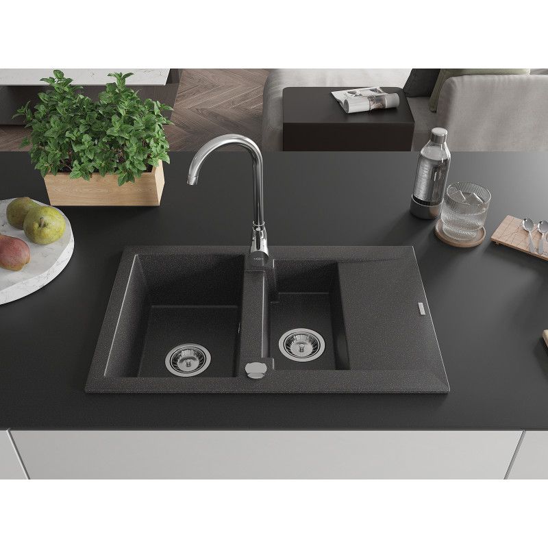 Granitvask med afløb Mexen Gaspar 1,5-kammer 737 x 475 mm Sort med prikker 1 stk.